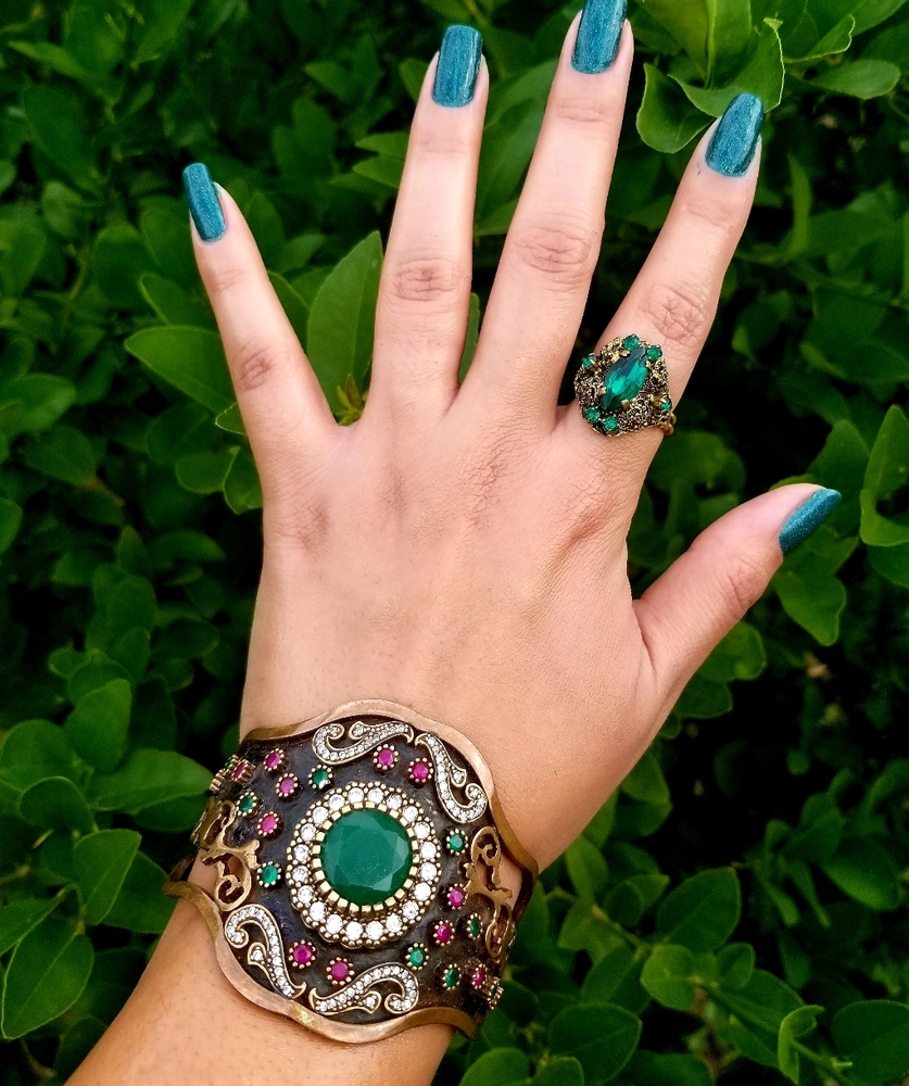 Emerald topaz ruby brass bangle Turkish cuff